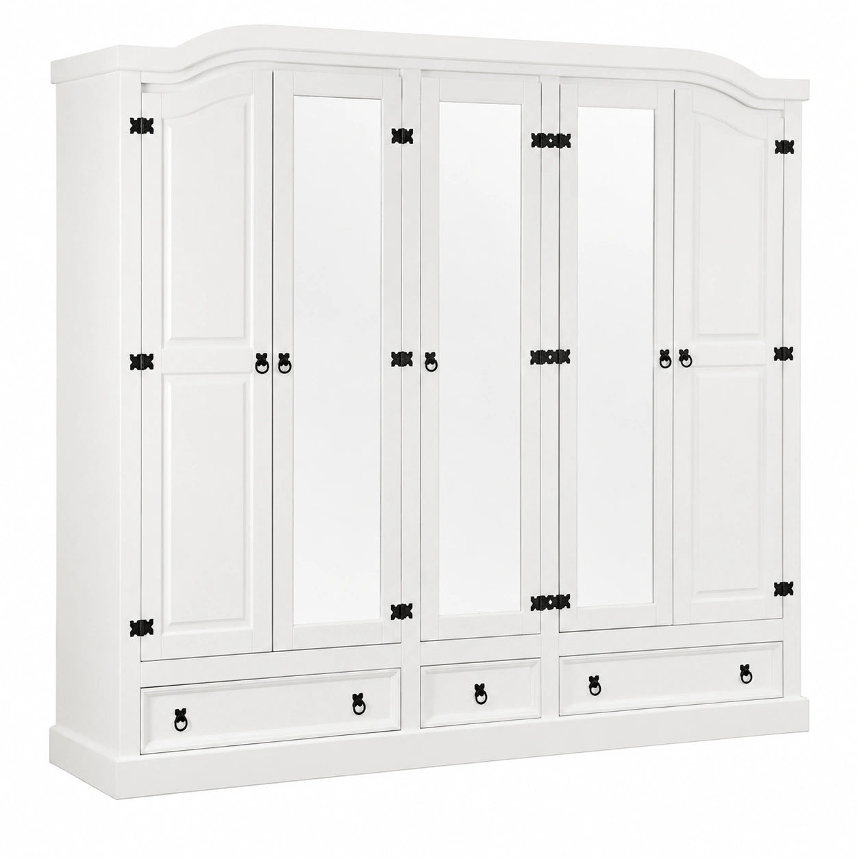 5-türiger Kleiderschrank aus Kiefernholz im Hacienda-Stil, Weiß, B243xH193xT57cm