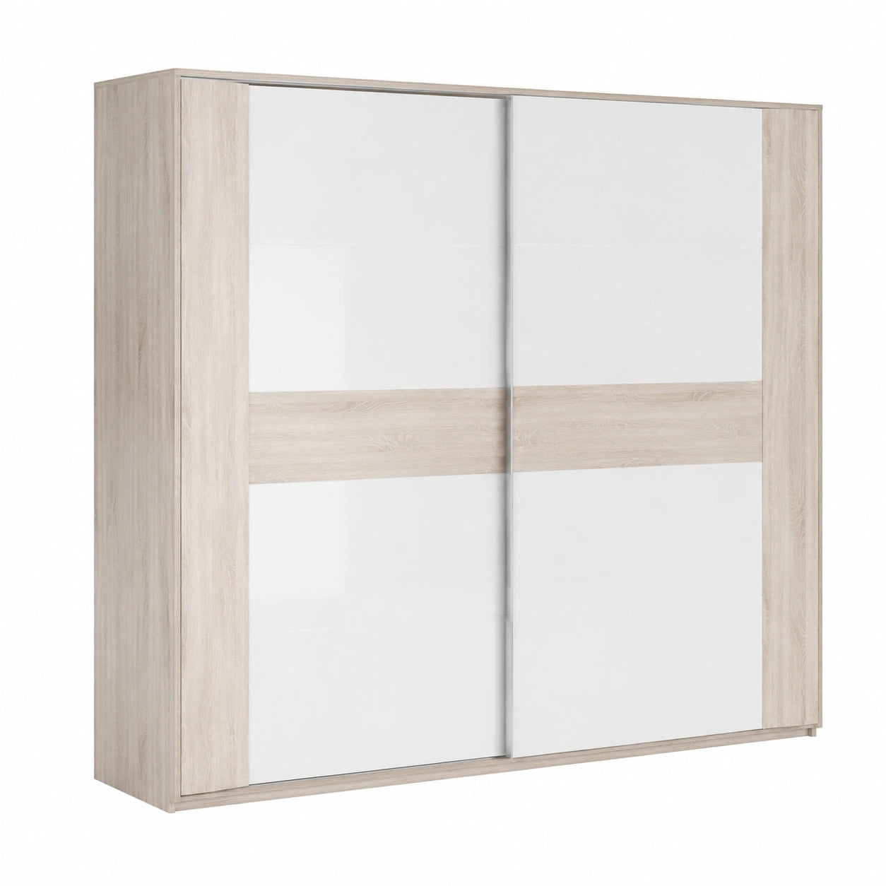 Großer Schwebetürenschrank FORTE RONDINO, 2-türig, Sandeiche/Weiß Hochglanz, 270x210x61 cm