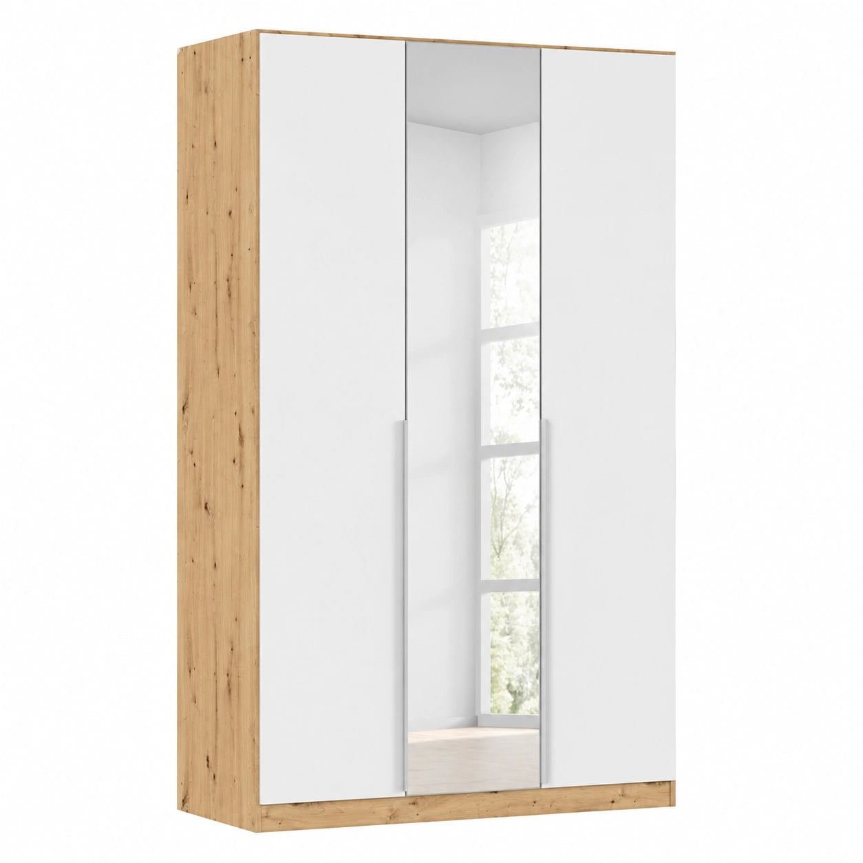 Rauch Möbel Alabama 3-türiger Kleiderschrank mit Spiegel, Weiß/Eiche Artisan, Breite 136 cm, für Schlafzimmer und Flur
