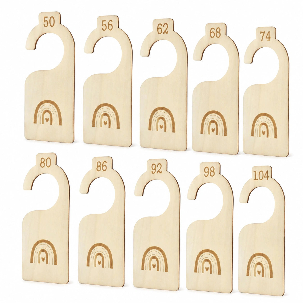 10er Set Baby-Kleiderschrank-Organizer aus Holz, Regenbogen-Design, Größen 50-104, ideale Geschenke für Neugeborene