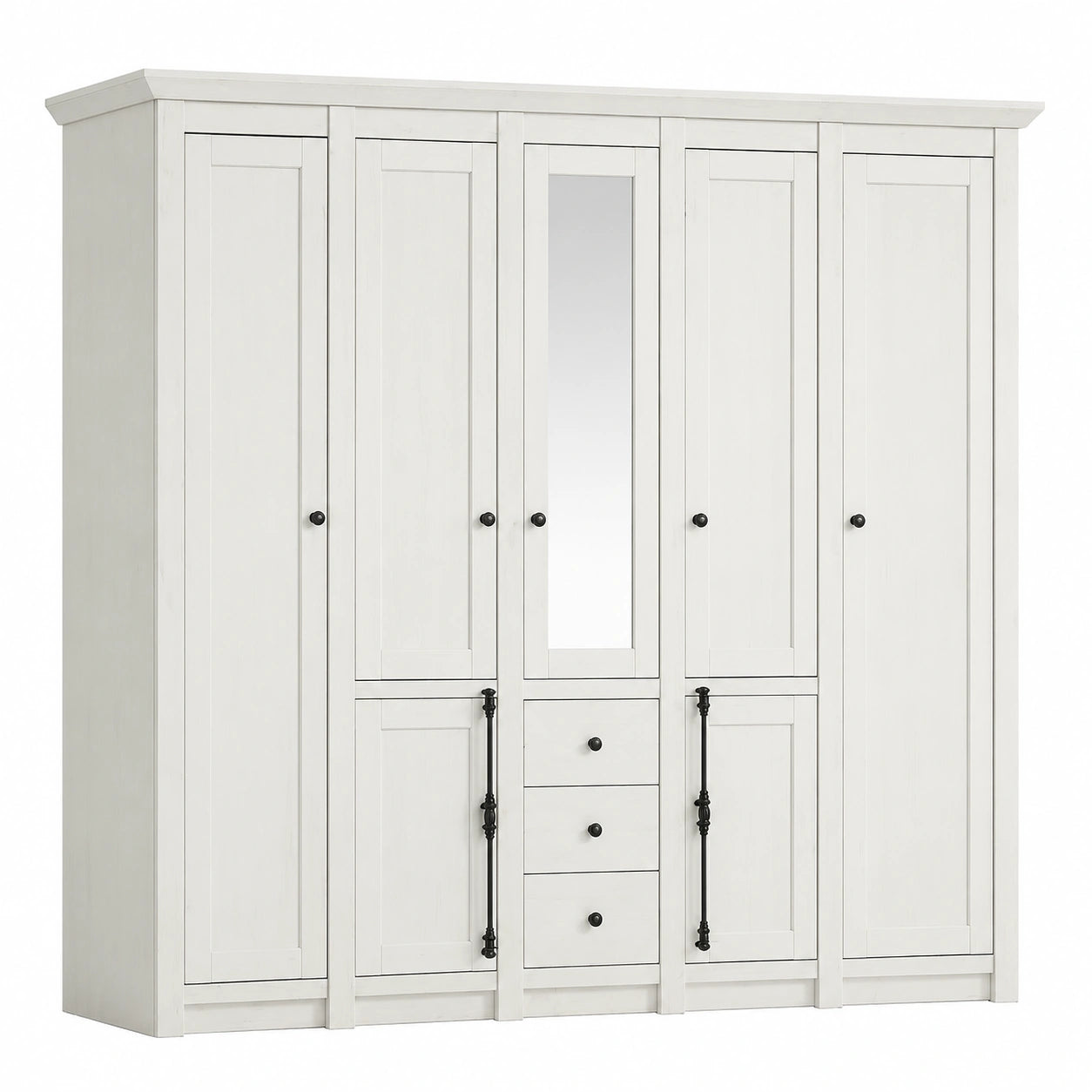 Lomadox Landhausstil Kleiderschrank mit Spiegel, Pinienweiß, 227x206x64cm