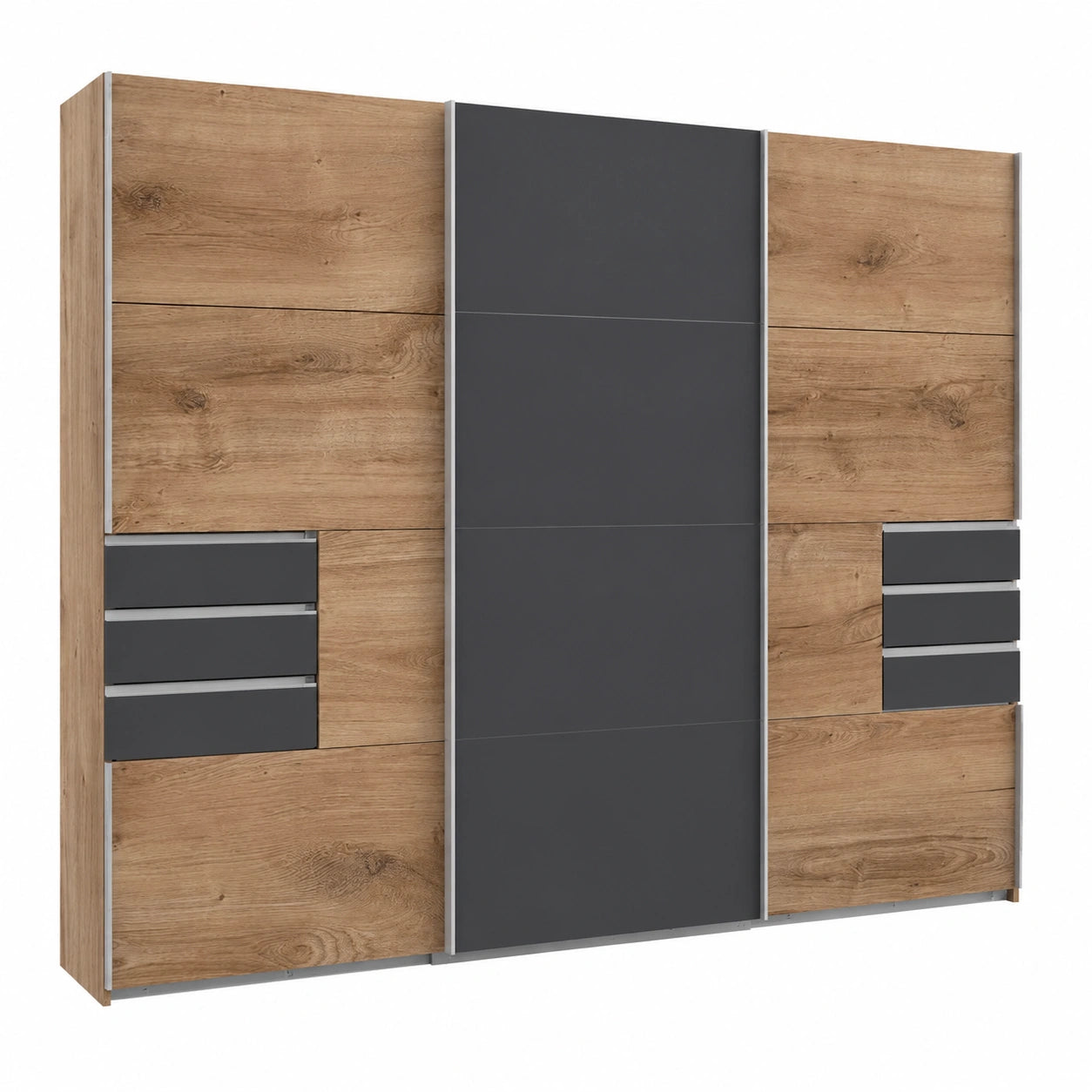 Geräumiger 3-türiger Schwebetürenschrank 270cm, Eiche-Graphit-Grau