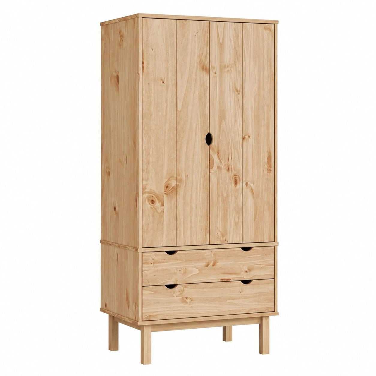 Massivholz-Schrank aus Kiefer im skandinavischen Design mit 2 Schubladen und großem Fach, 76,5 x 53 x 172 cm - Modell OTTA