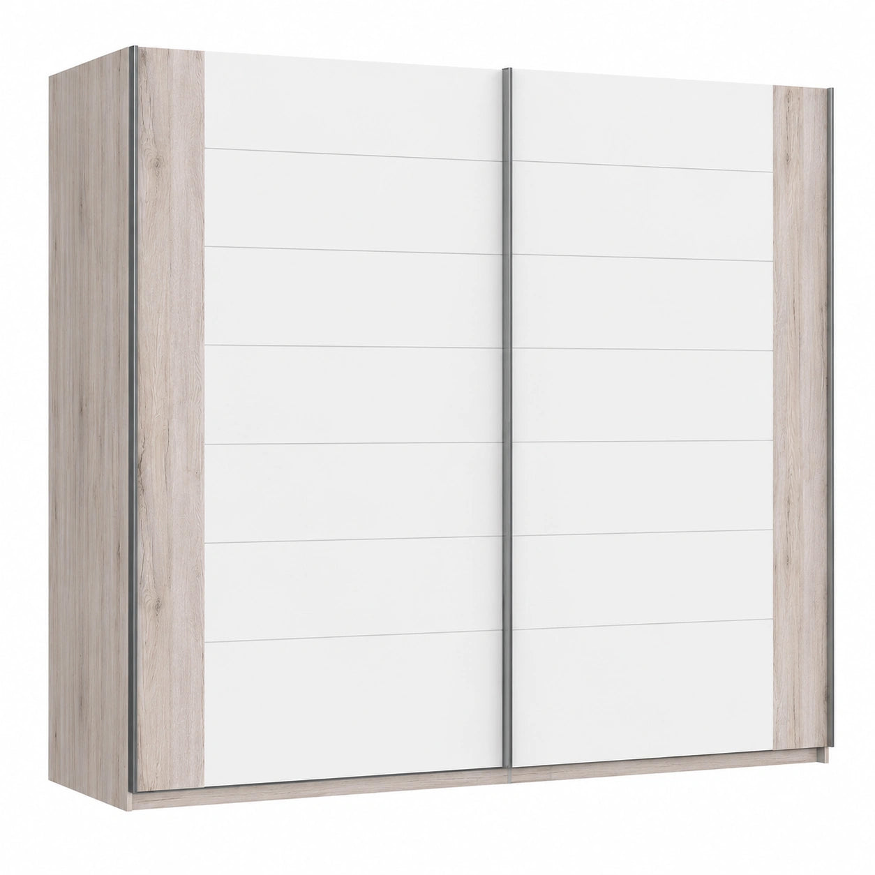 Moderner Schwebetürenschrank 270 cm, Sandeiche/Weiß Hochglanz, skandinavisches Design
