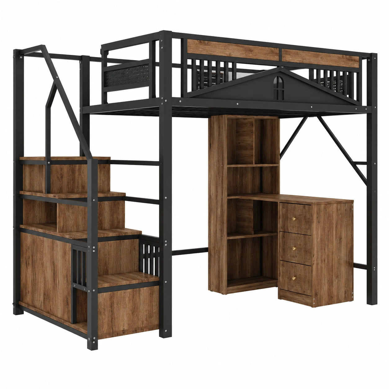 Multifunktionales Merax Hochbett mit Kleiderschrank und Schubladen, 90x200 cm, Metall-Holz-Design