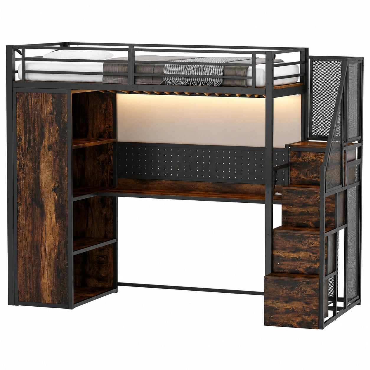 Metall-Hochbett 90x200cm mit Schrank, Stauraum und Schreibtisch, Schwarz