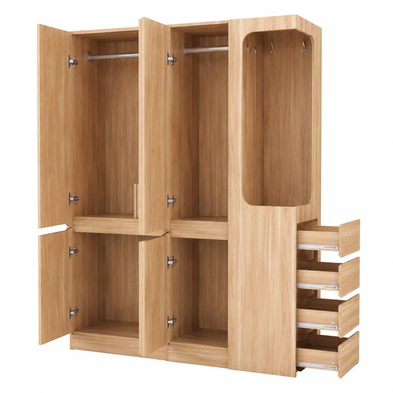 Merax geräumiger Kleiderschrank mit Doppeltür und Schubladen, 140x40x170cm, offenes Design, pflegeleicht, Holzoptik
