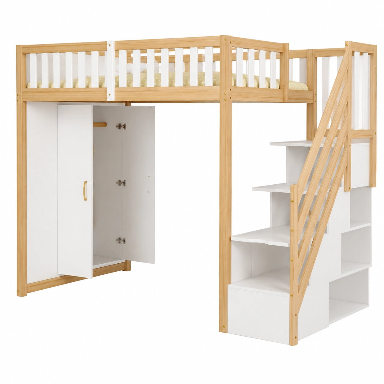 Hochbett 90x200cm aus Kiefer mit Regal, Schrank und Leiter in Weiß-Natur