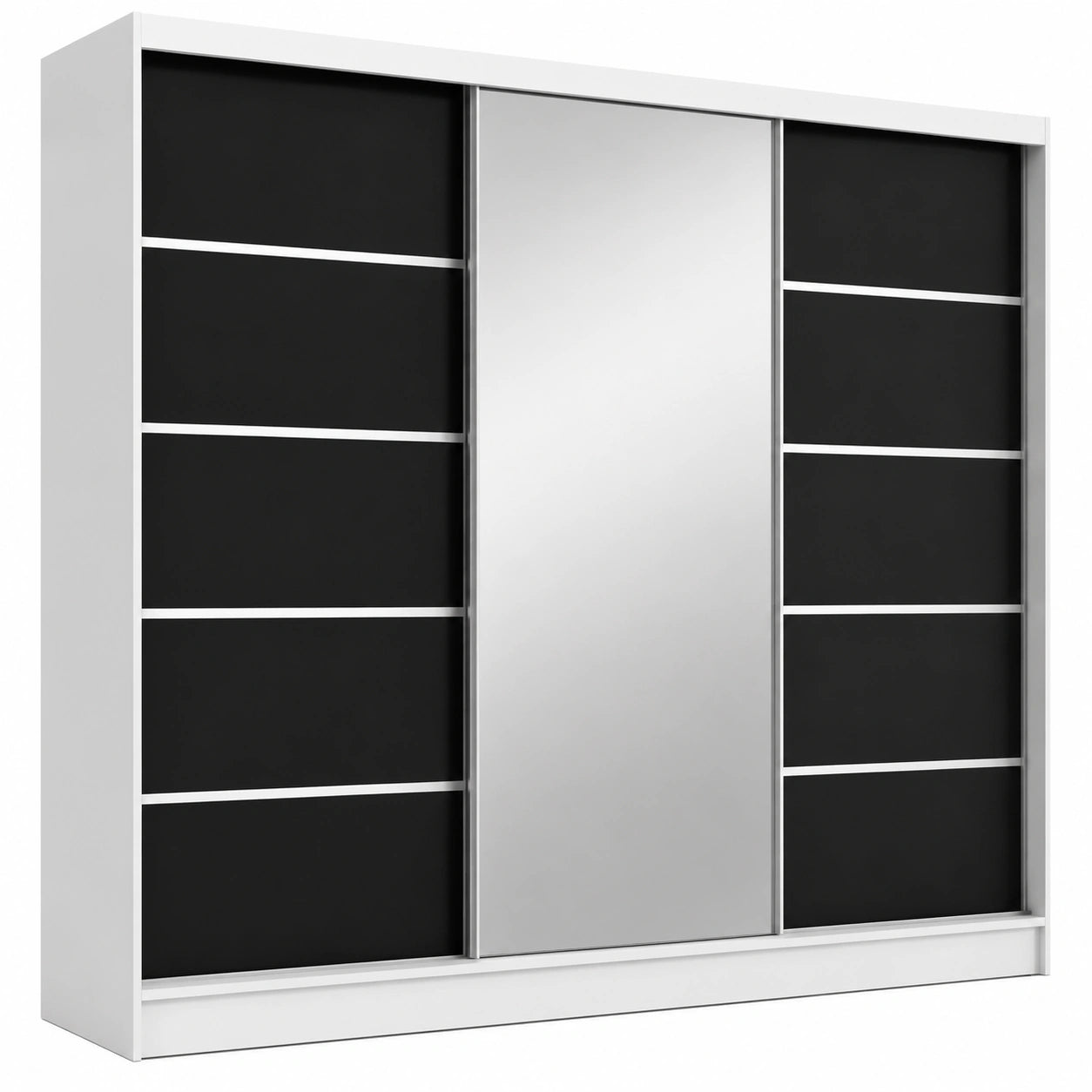Moderner Kleiderschrank mit Spiegel und Schubladen, 3-türig, 200 cm, Weiß/Schwarz