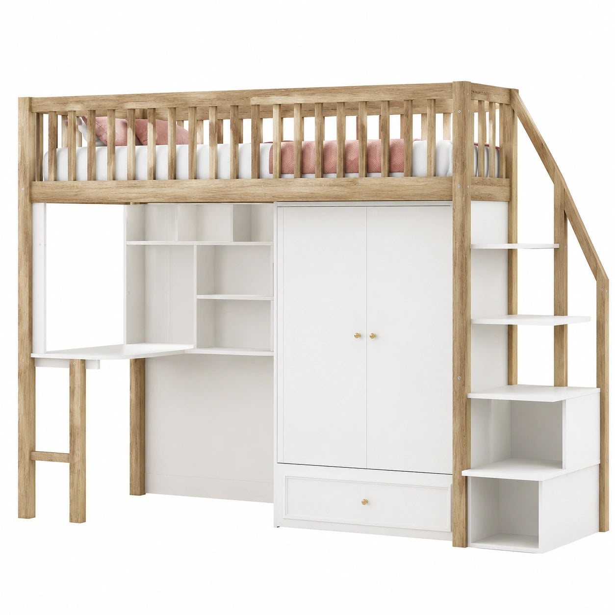 Multifunktionales Hochbett 90 x 200 cm mit Kleiderschrank, Regal und Schreibtisch, Stauraum-Treppe, Holzbettgestell in Holzoptik