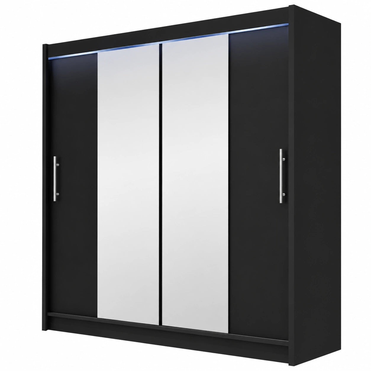 Moderner Schwebetürenschrank mit Spiegel und LED, 180x215x58 cm, Schwarz