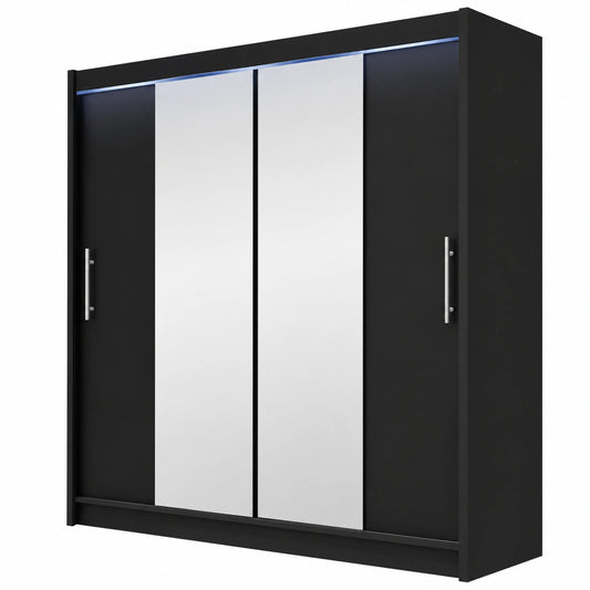 Moderner Schwebetürenschrank mit Spiegel und LED, 180x215x58 cm, Schwarz