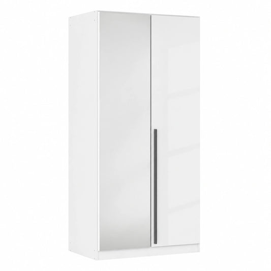 Rauch Möbel Alba Kleiderschrank, 2-türig mit Spiegel, Hochglanz Weiß, mit Kleiderstange und Einlegeboden, 91x197x54 cm