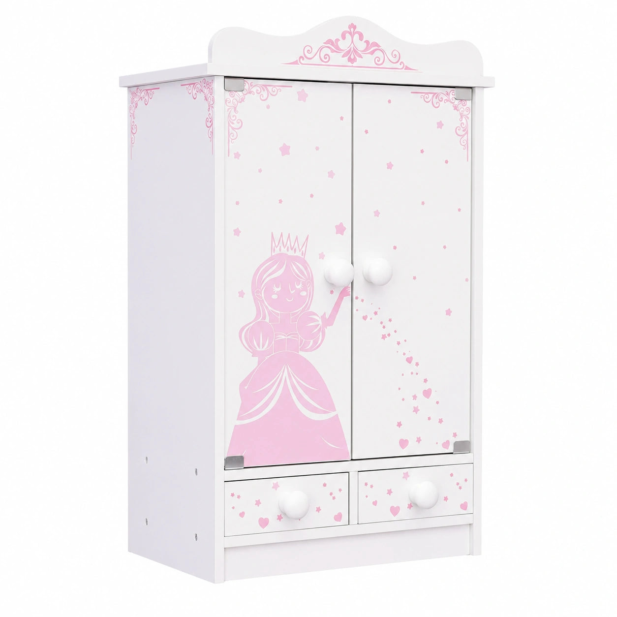 habeig XXL Kinder-Puppenkleiderschrank, 52 cm Hoch, Hängeschrank, Weiß, 2 Türen, Rosa/Weiß