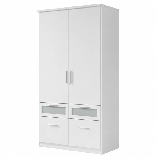 Moderner Kleiderschrank Bochum mit Drehtüren und Schubladen, Weiß/Milchglas, 91x199x56 cm