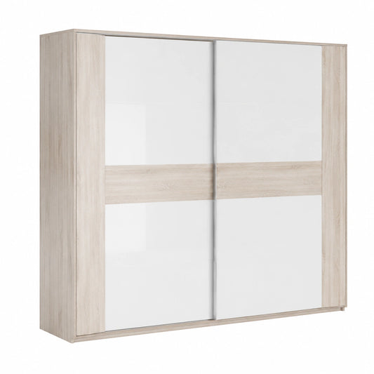 Großer Schwebetürenschrank FORTE RONDINO, 2-türig, Sandeiche/Weiß Hochglanz, 270x210x61 cm