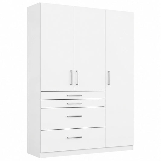 Rauch Möbel Harburg Drehtürenschrank Weiß, 3-türig mit 4 Schubladen und Zubehör, 136x197x54 cm