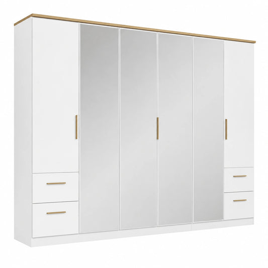 Rauch Carlsson Kleiderschrank mit Spiegeltüren, Eiche Griffe, 6-türig, Weiß, Inklusive Zubehör, 271x212x58 cm