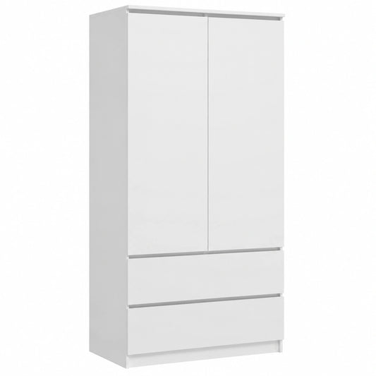 Moderner Kleiderschrank mit 2 Türen und 2 Schubladen, 4 Einlegeböden, Kleiderstange, vielseitig einsetzbar, Garderobe 180x90x50,5 cm (Weiß)