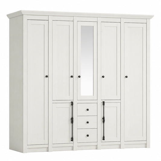 Lomadox Landhausstil Kleiderschrank mit Spiegel, Pinienweiß, 227x206x64cm