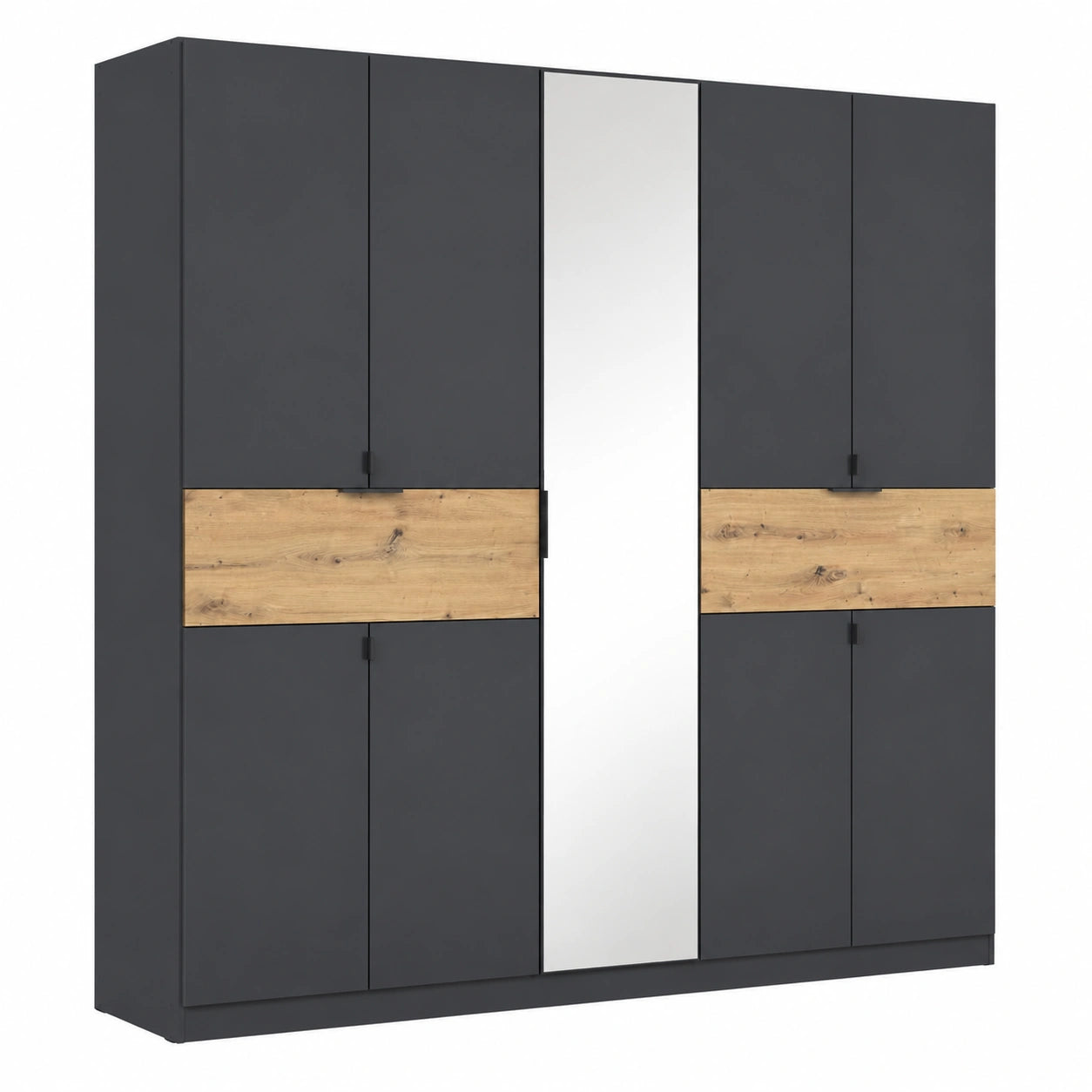 Rauch Möbel TICAO Kleiderschrank, 9-türig, Spiegel & Soft-Close, Grau/Schwarz/Eiche, 226 cm