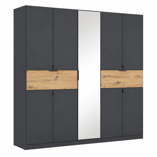 Rauch Möbel TICAO Kleiderschrank, 9-türig, Spiegel & Soft-Close, Grau/Schwarz/Eiche, 226 cm