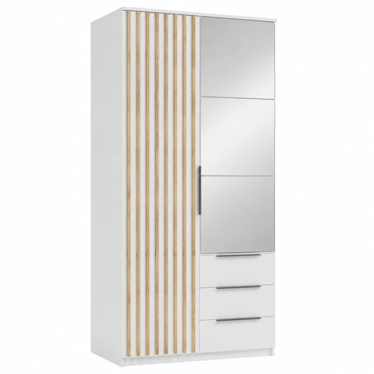 Moderner Drehtürenschrank mit Spiegel und Schubladen, 100x215 cm, Weiß Holzoptik