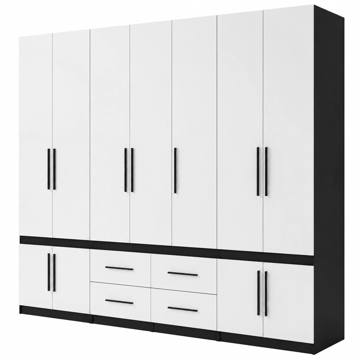 Modularer Kleiderschrank 320x230x57 cm mit Schubladen und Kleiderstangen, Schwarz/Weiß
