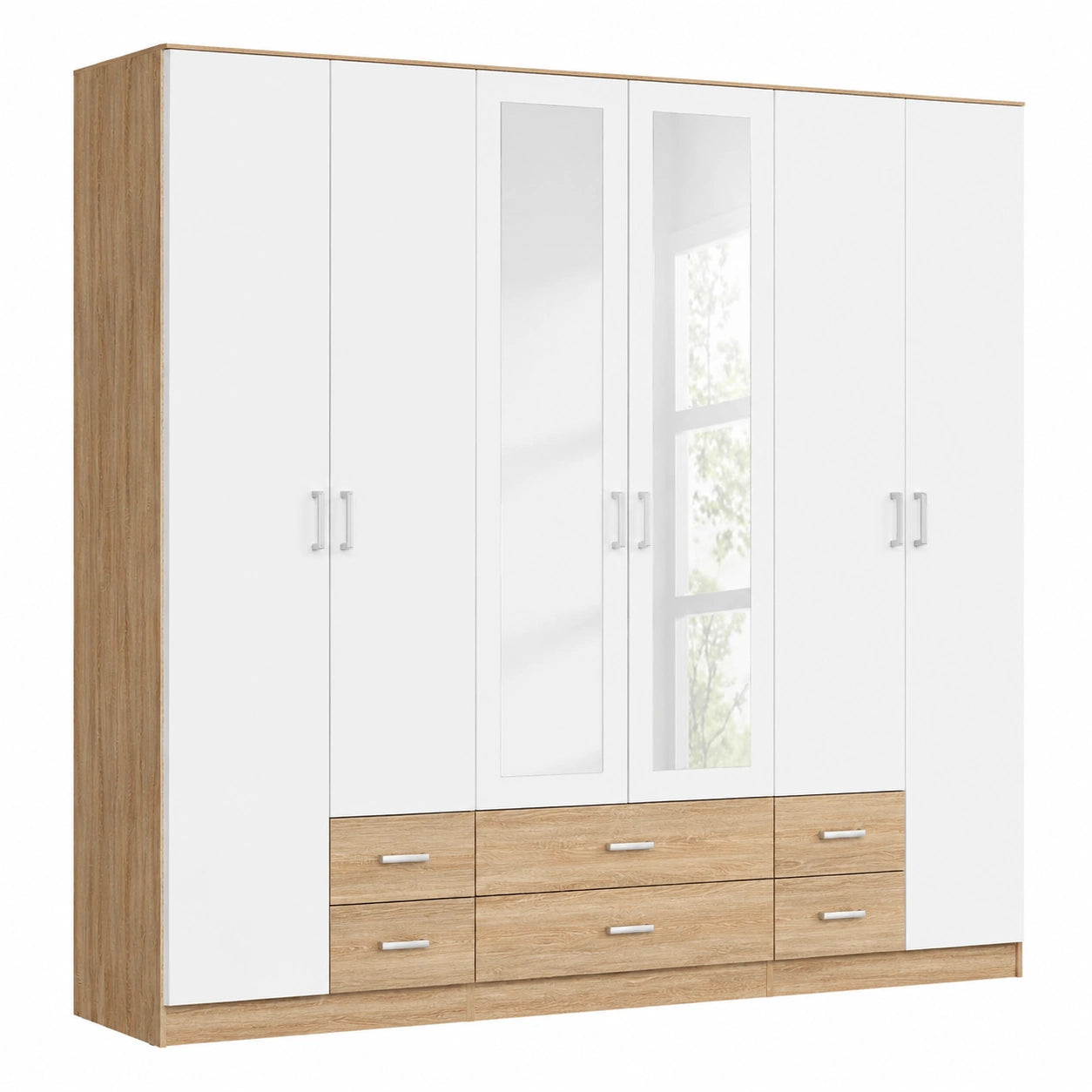 Rauch Möbel Gamma Kleiderschrank, 6-türig mit Spiegeln & Schubladen, Grau Metallic/Schwarz-Eiche, 271 cm