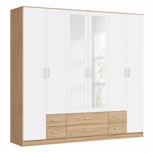 Rauch Möbel Gamma Kleiderschrank, 6-türig mit Spiegeln & Schubladen, Grau Metallic/Schwarz-Eiche, 271 cm