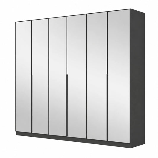 Rauch Möbel Skyla 6-türiger Kleiderschrank, Grau mit Spiegeltüren, Griffstangen in Grau Metallic, 271x210x54 cm