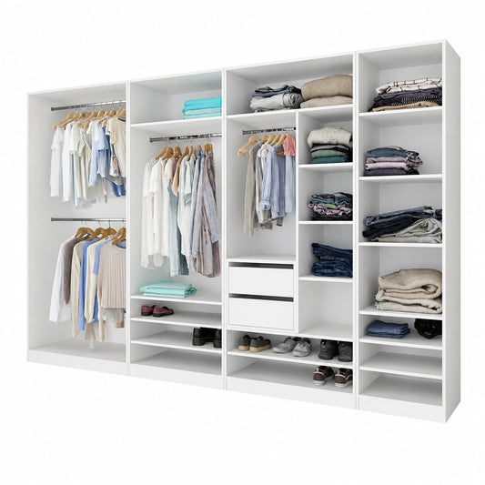 Geräumiges Garderobenset TRES B, offener Kleiderschrank mit Stangen und Regalen, ideal für Schlafzimmer, 320x206x51 cm, weiß
