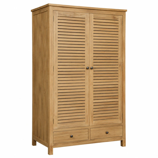 Teakholz-Kleiderschrank Vilshult, 210x115x60 cm, mit Lamellentüren, großer Stauraum, natur, robuste Schlafzimmermöbel, FLEGT-zertifiziert