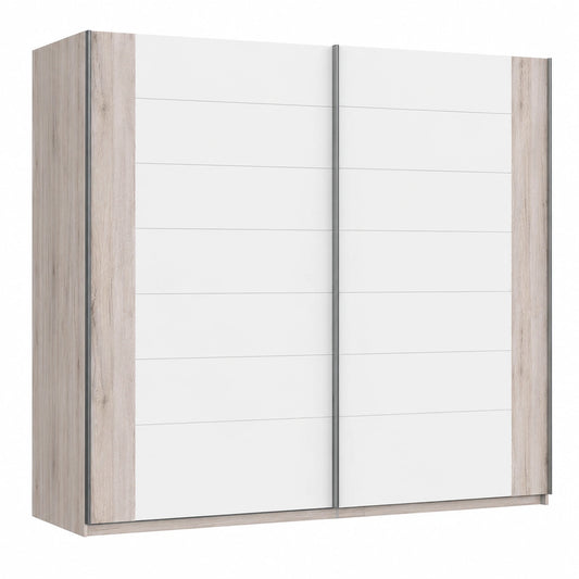 Moderner Schwebetürenschrank 270 cm, Sandeiche/Weiß Hochglanz, skandinavisches Design