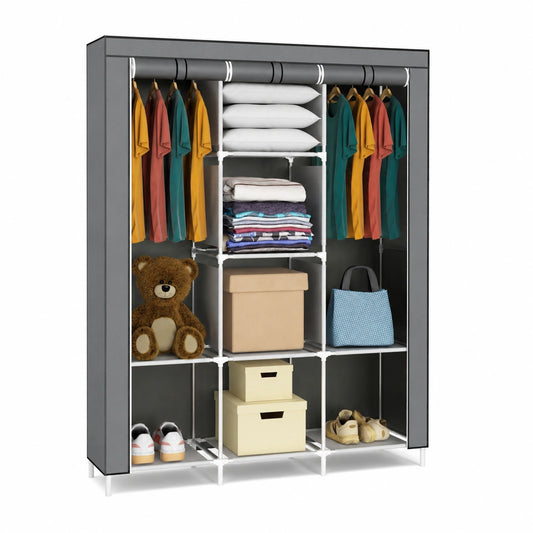 Coemo Tragbarer Stoffkleiderschrank mit Kleiderstangen und Regalfächern, Großes Fassungsvermögen, 130 x 45 x 175 cm, Grau