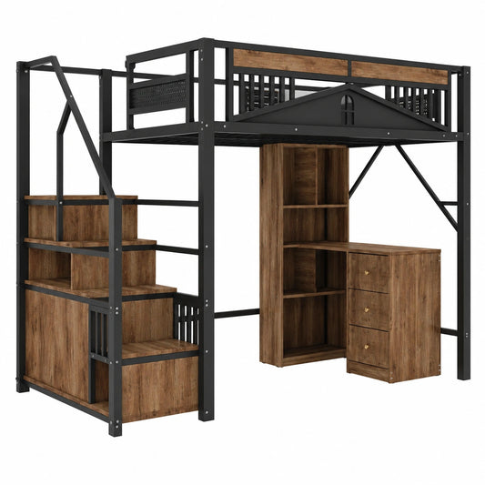 Multifunktionales Merax Hochbett mit Kleiderschrank und Schubladen, 90x200 cm, Metall-Holz-Design