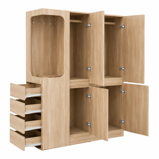 Moderner Kleiderschrank Naturholz, 4 Türen, 2 Kleiderstangen, 4 Schubladen, Hakenleiste, 140x40x170 cm