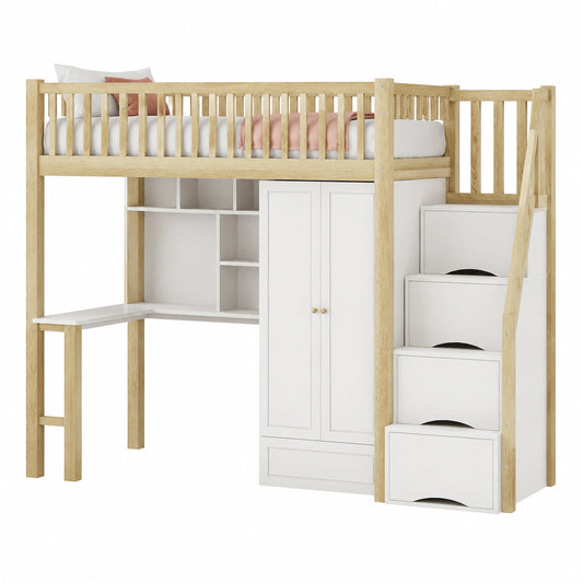 Moimhear Etagenbett 90x200 mit Kleiderschrank, Regal und Schreibtisch, Stauraum und Treppensystem, Multifunktions-Holzbett (Weiß)