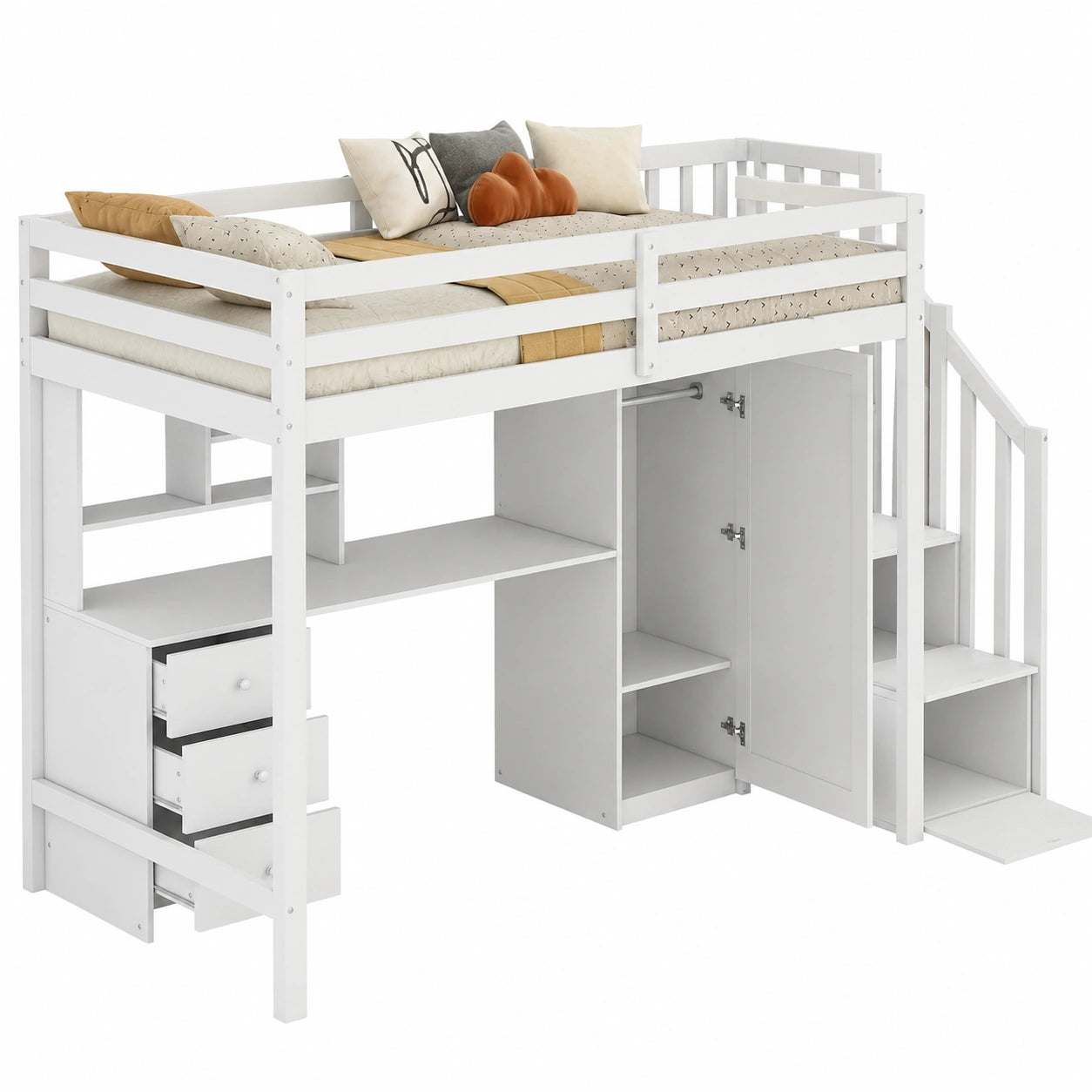 Kinder Etagenbett 90x200cm mit Schreibtisch und Kleiderschrank, Hochbett mit Stauraumtreppe, Mehrzweckbett, Weiß, Lattenrost inklusive