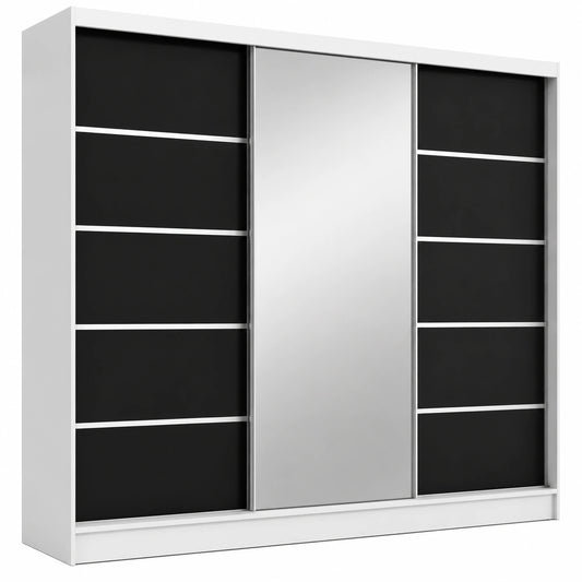 Moderner Kleiderschrank mit Spiegel und Schubladen, 3-türig, 200 cm, Weiß/Schwarz
