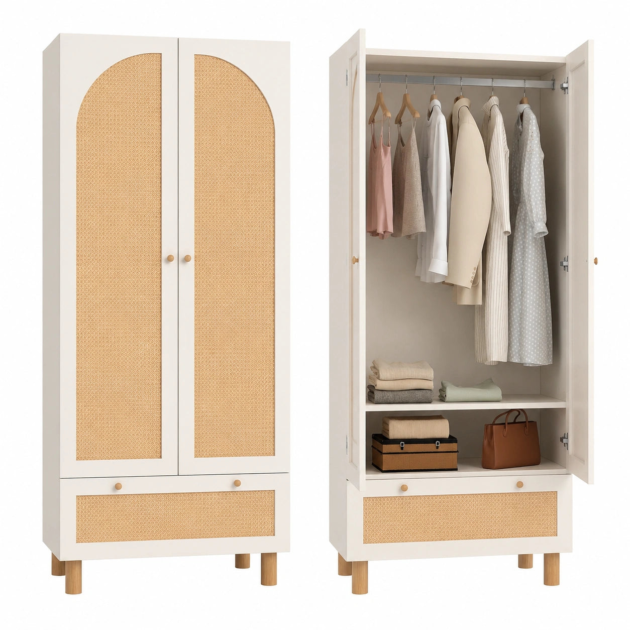 Kleiderschrank im Landhausstil mit Rattan und großer Schublade, Weiße Garderobe mit verstellbaren Regalen und Kleiderstange, inkl. Kippschutz, 180x85x52 cm
