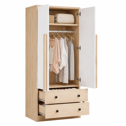 Vintage Kleiderschrank mit Rattantüren, höhenverstellbaren Einlegeböden und Schublade, inkl. Kippsicherung, Weiß, 180x85x52 cm