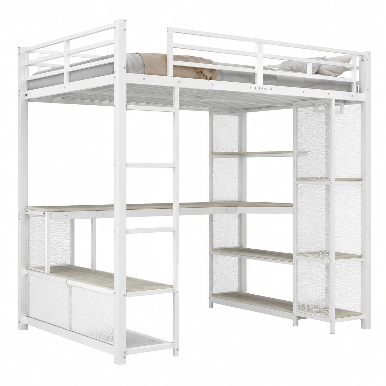 Metall-Hochbett 140x200cm für Jugendliche mit Schreibtisch und Kleiderschrank, LED-Beleuchtung und Stauraum, Weiß