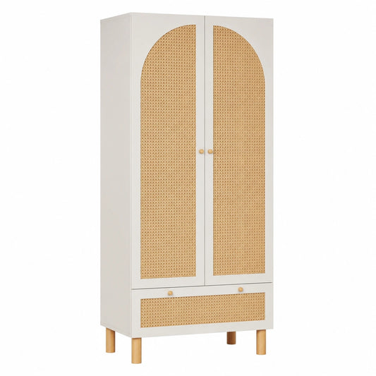 Landhausstil Kleiderschrank mit Rattan, Weiß, 2 Türen, Große Schublade, Verstellbare Regalböden, 180 cm Höhe
